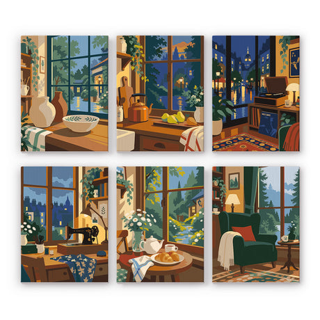 Lamplit Window Nooks at Dusk mini paint by numbers – Cozy rooms by big dusky windows: pottery, kettle and fruit, record desk, sewing machine, tea and pastries, armchair
