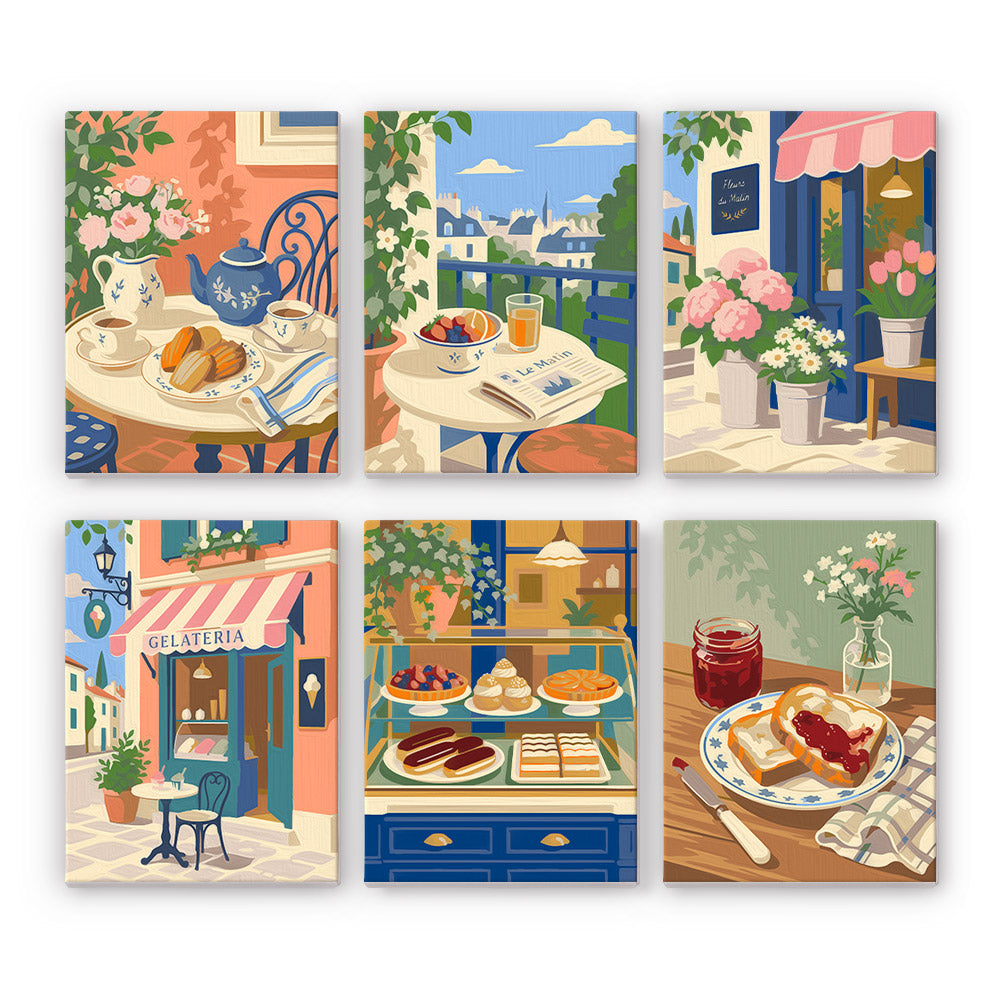 Gelateria and Croissant Mornings mini paint by numbers – Café scenes: tea and croissants, balcony breakfast, flower-filled café, gelato shop, pastry counter, jam toast