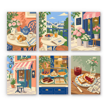 Gelateria and Croissant Mornings mini paint by numbers – Café scenes: tea and croissants, balcony breakfast, flower-filled café, gelato shop, pastry counter, jam toast