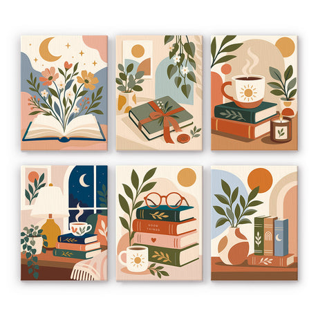 Book Stacks and Teacups mini paint by numbers – Cozy reading still lifes: open book with flowers, stacked books with plants, tea, a night window, reading glasses