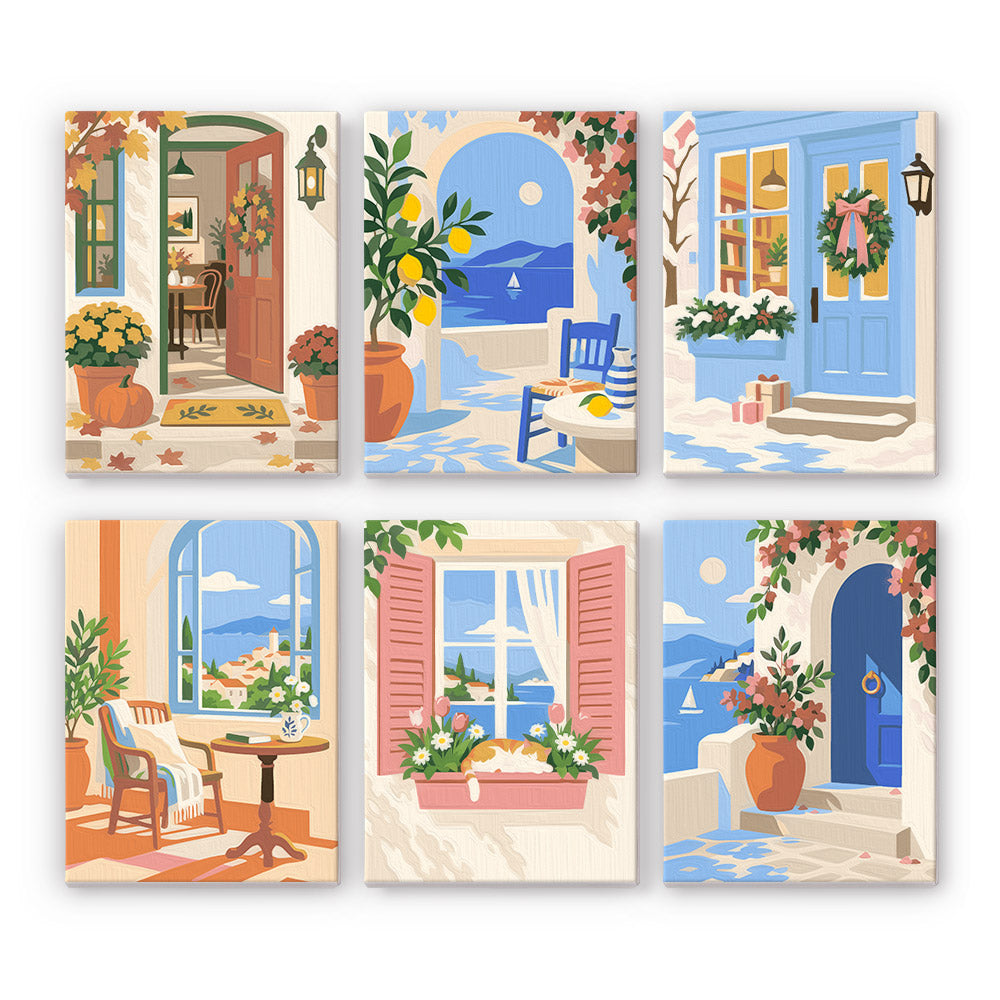 Wreathed Blue Door and Shutters mini paint by numbers – Charming doors and windows: flowered wooden door, lemon courtyard arch, blue door with wreath, window seat, shutters