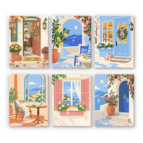 Wreathed Blue Door and Shutters mini paint by numbers – Charming doors and windows: flowered wooden door, lemon courtyard arch, blue door with wreath, window seat, shutters
