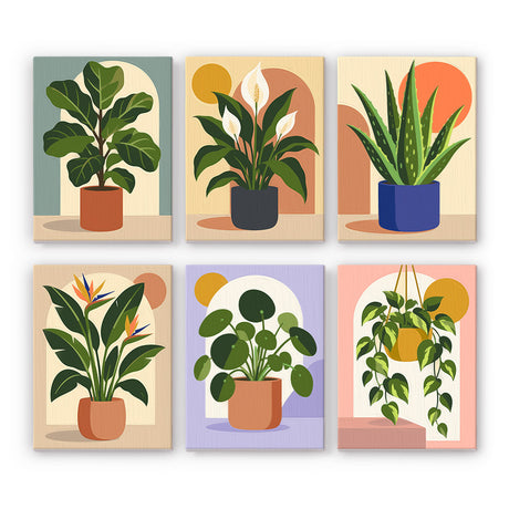 Peace Lily and Pothos Pots mini paint by numbers – Potted houseplants on soft arches: fiddle leaf fig, peace lily, snake plant, bird of paradise, pilea, hanging pothos
