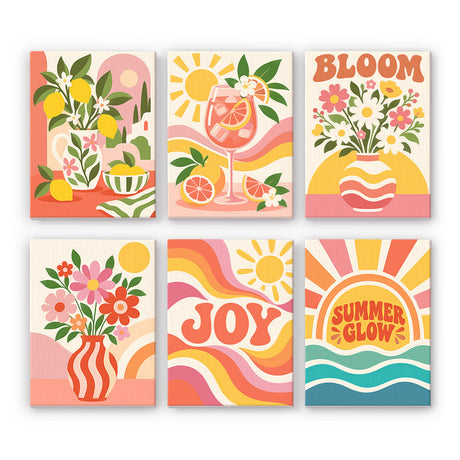 Joy and Summer Glow Rainbows mini paint by numbers – Retro summer prints: lemon vase, grapefruit drink, Bloom flowers, pink posy, Joy and Summer Glow rainbows