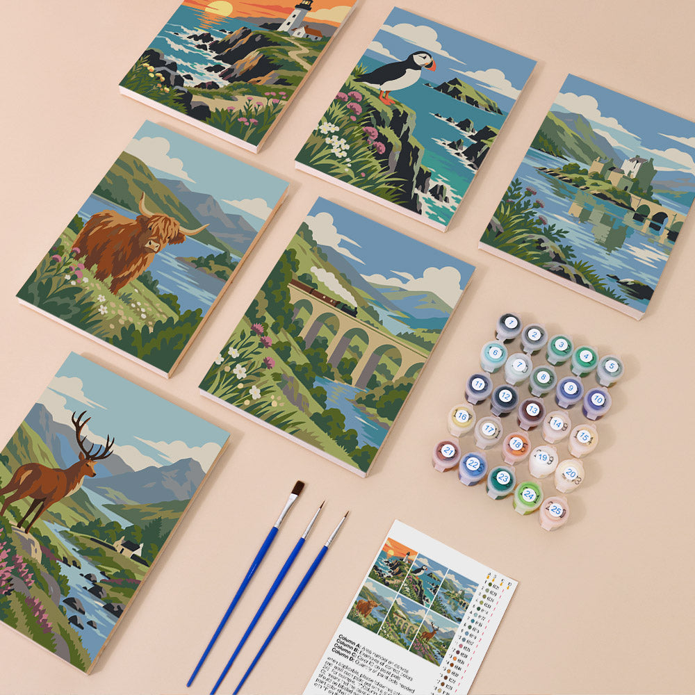 Puffin and Highland Cow Glens mini paint by numbers – image 1