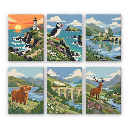 Puffin and Highland Cow Glens mini paint by numbers – Highland scenes: sunset lighthouse, puffin on a cliff, loch castle, Highland cow, steam train viaduct, stag