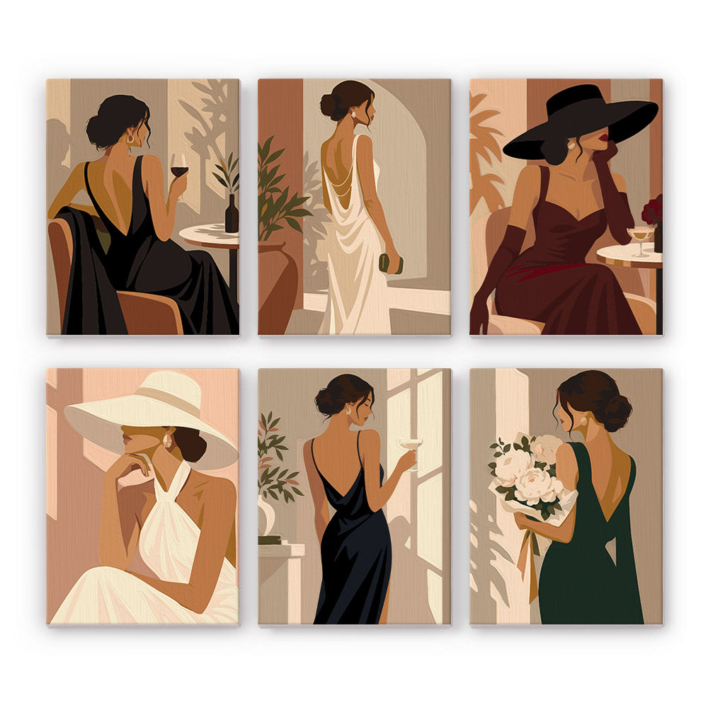 Backless Gowns and Wide Hats mini paint by numbers – Elegant women in backless evening gowns and wide-brimmed hats with wine glasses and roses in soft muted tones