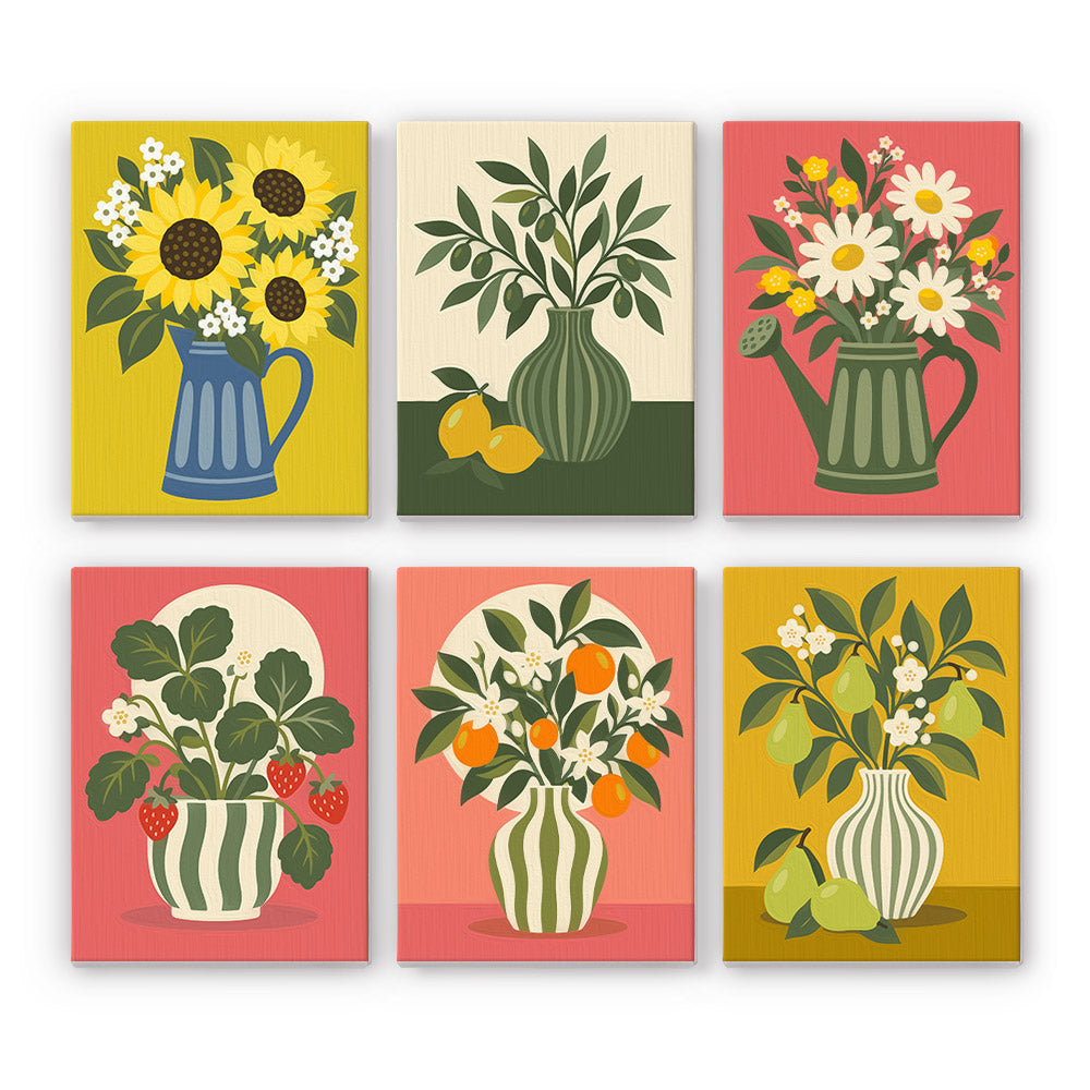 Sunflower Pitcher and Fruit Stems mini paint by numbers – Garden bouquets: sunflowers in a blue jug, olive branches, daisies in a watering can, strawberries, oranges and pears