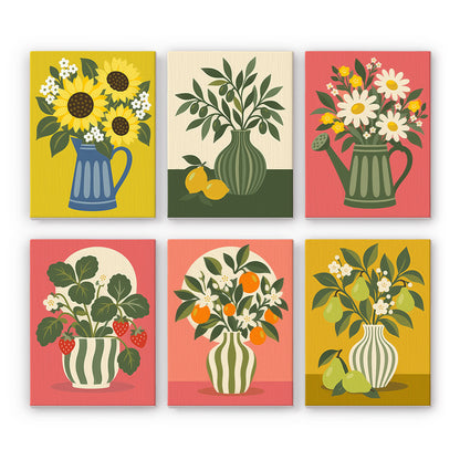 Sunflower Pitcher and Fruit Stems mini paint by numbers – Garden bouquets: sunflowers in a blue jug, olive branches, daisies in a watering can, strawberries, oranges and pears