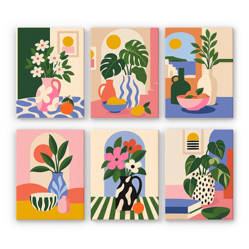 Spotted and Striped Vase Studies mini paint by numbers – Bold modern still lifes: patterned vases of flowers and monstera, fruit bowls and bottles on bright colour blocks
