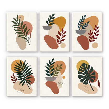 Terracotta Boho Leaves mini paint by numbers – Six boho prints of green leaf sprigs and small bowls over terracotta, mustard and beige shapes on cream