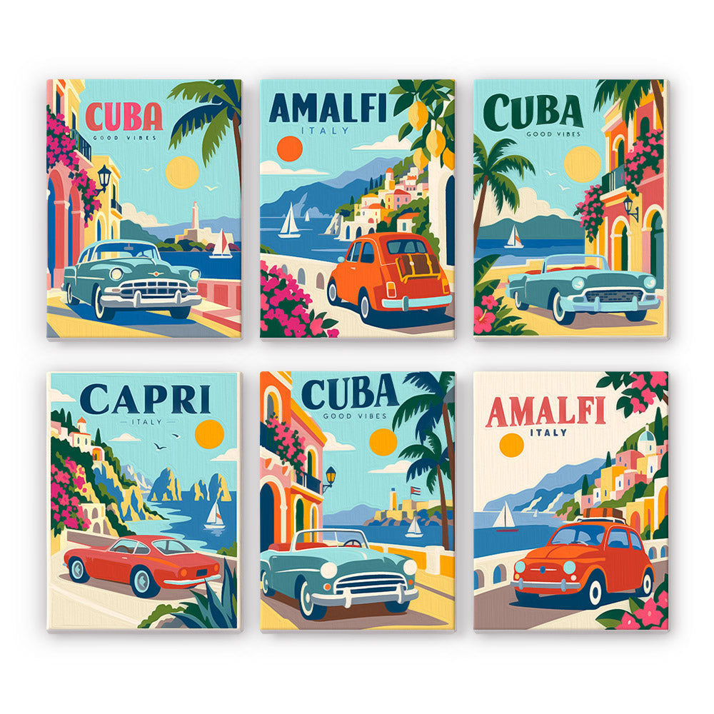Classic Cars by the Sea mini paint by numbers – Retro travel posters of Cuba, Amalfi and Capri with classic cars parked by palms and turquoise sea