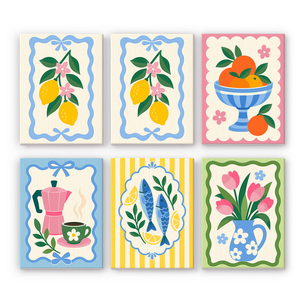 Lemons, Sardines and Moka Pots mini paint by numbers – Wavy-framed Italian kitchen prints: lemon branches, an orange bowl, a pink moka pot, sardines and tulips in a jug