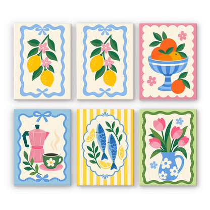 Lemons, Sardines and Moka Pots mini paint by numbers – Wavy-framed Italian kitchen prints: lemon branches, an orange bowl, a pink moka pot, sardines and tulips in a jug