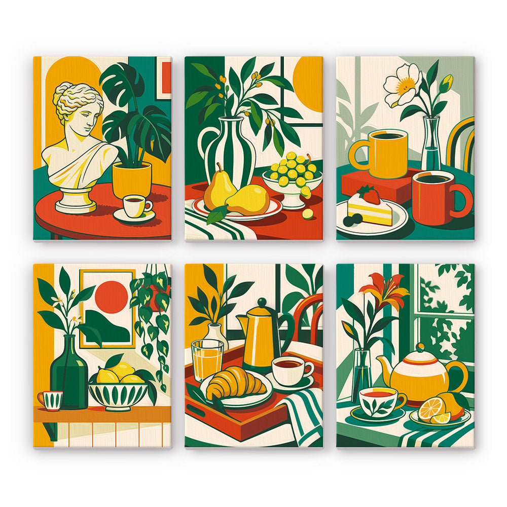 Greek Bust Breakfast Still Life mini paint by numbers – Six green and yellow breakfast still lifes with a Greek bust, coffee cups, croissants, lemons and a teapot