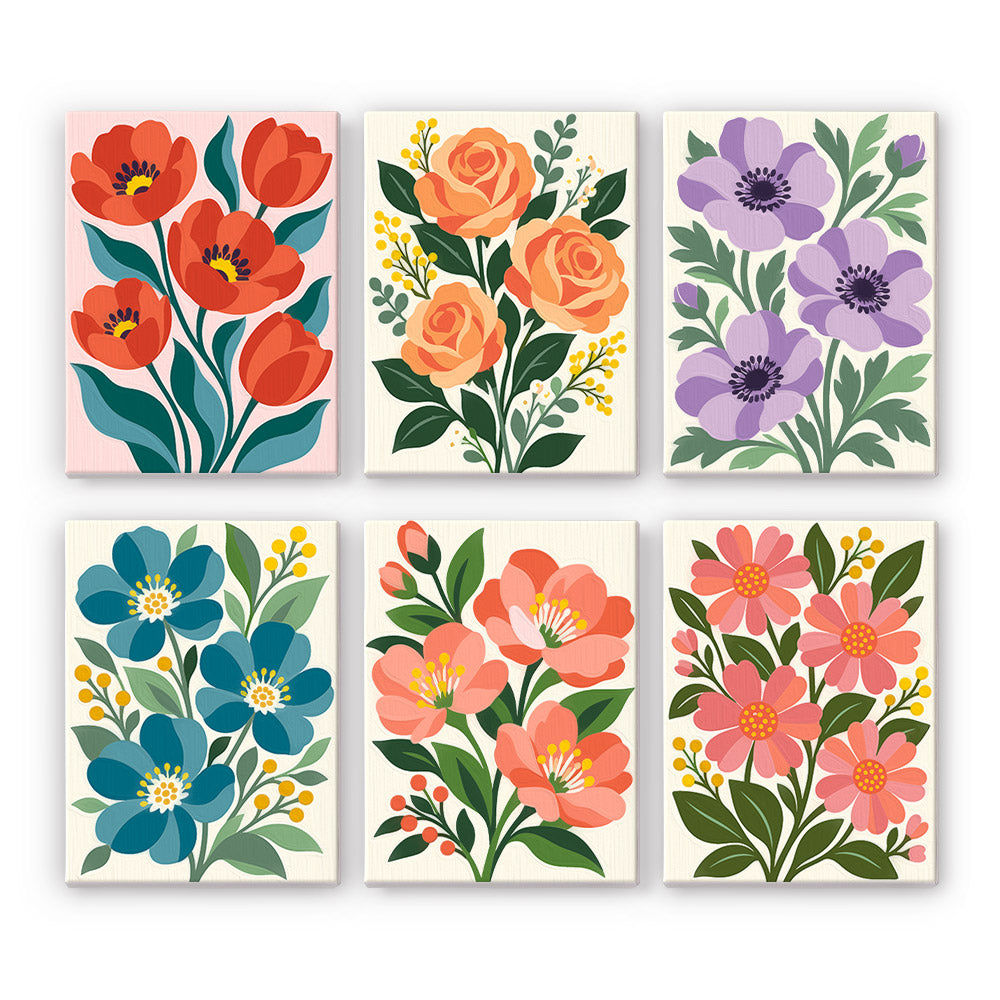 Poppies, Roses and Anemones mini paint by numbers – Six bright flower studies: red poppies, peach roses, lilac anemones, teal blooms and coral wildflowers