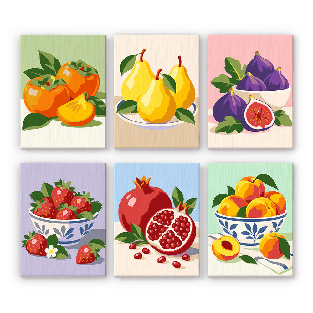 Figs and Persimmons in Blue Bowls mini paint by numbers – Six fruit still lifes: persimmons, pears, figs, strawberries and peaches in blue bowls, and a pomegranate