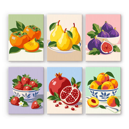 Figs and Persimmons in Blue Bowls mini paint by numbers – Six fruit still lifes: persimmons, pears, figs, strawberries and peaches in blue bowls, and a pomegranate