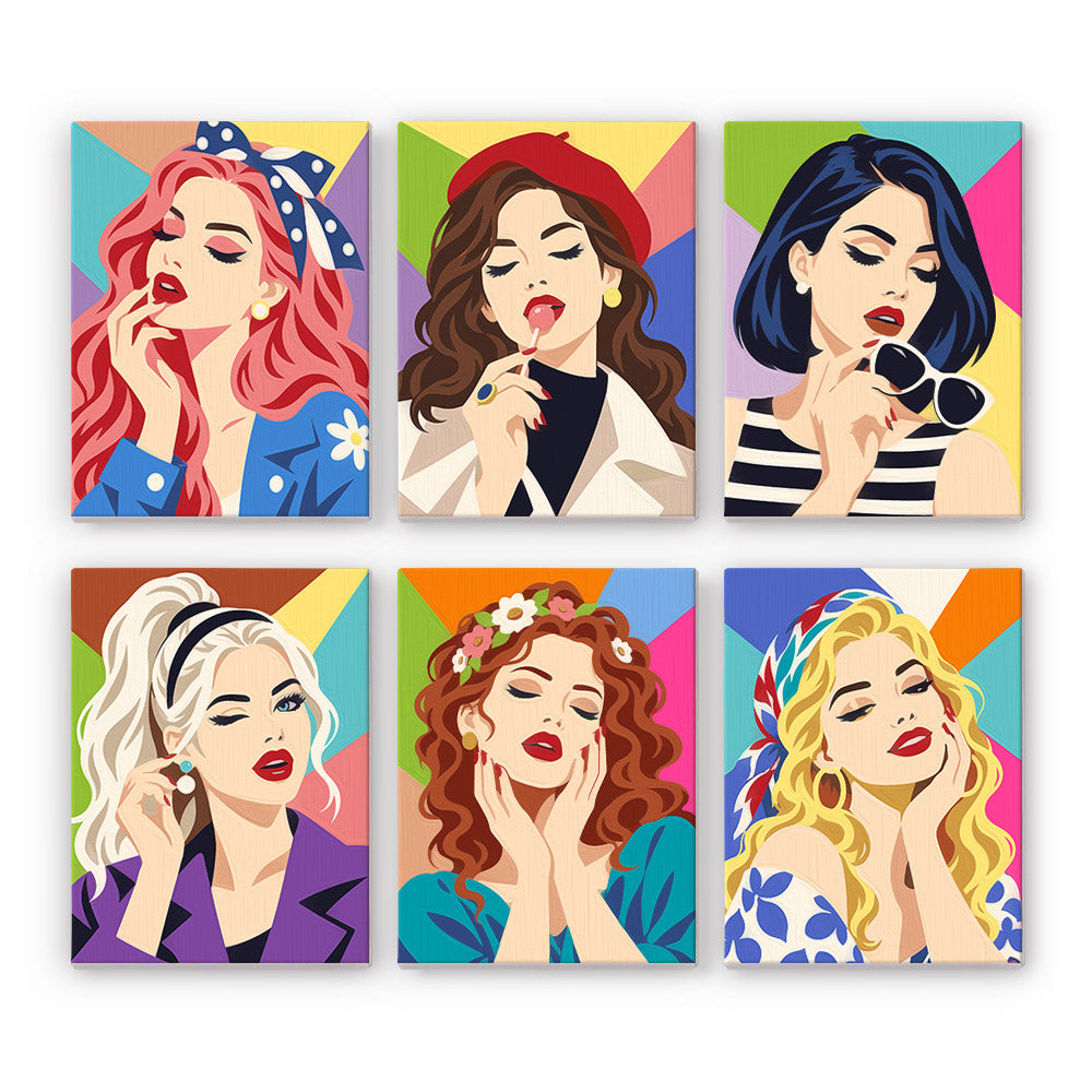 Bandanas, Berets and Red Lips mini paint by numbers – Six retro portraits of red-lipped women with bandanas, berets, sunglasses and flower crowns on bright colors