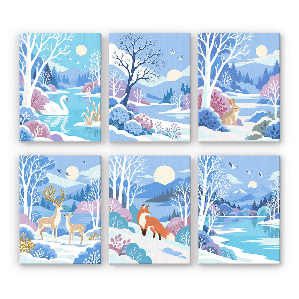 Snowy Lakes with Swan and Fox mini paint by numbers – Six pastel winter scenes: a swan on a lake, frosted trees, a rabbit, deer and a fox in snowy woods