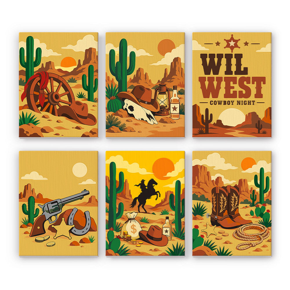 Cacti, Boots and Cowboy Sunsets mini paint by numbers – Six Wild West desert scenes with cacti, a wagon wheel, a cow skull, a revolver, a cowboy on horseback and boots