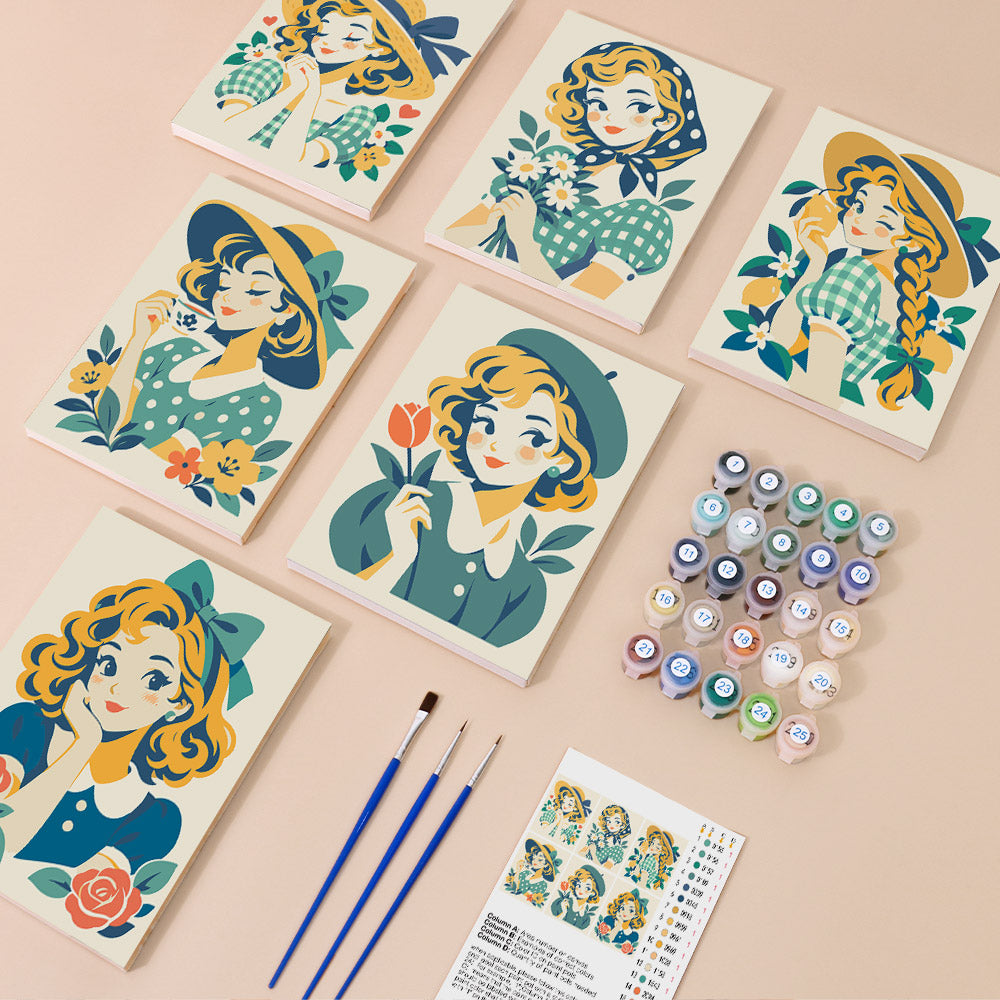 Gingham Girls in Straw Hats mini paint by numbers – image 1