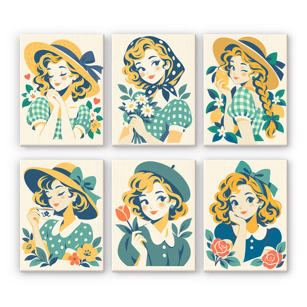 Gingham Girls in Straw Hats mini paint by numbers – Six vintage girls with blonde curls in teal gingham, wide hats and bows among flowers