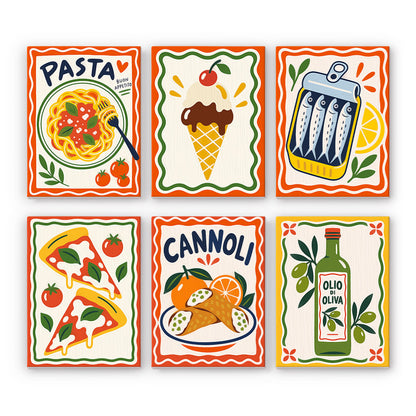 Pasta, Cannoli and Olive Oil mini paint by numbers – Six wavy-framed Italian food posters: pasta, an ice cream cone, sardines, pizza, cannoli and olive oil