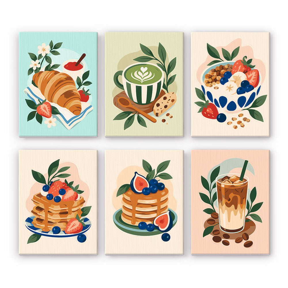 Matcha, Pancakes and Croissants mini paint by numbers – Six brunch prints: a croissant, a matcha latte, a berry granola bowl, pancakes with berries and figs, iced coffee
