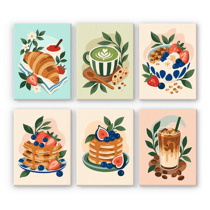 Matcha, Pancakes and Croissants mini paint by numbers – Six brunch prints: a croissant, a matcha latte, a berry granola bowl, pancakes with berries and figs, iced coffee
