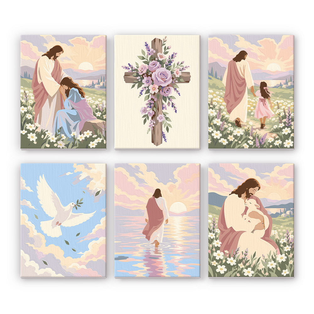 Jesus in Pastel Wildflowers mini paint by numbers – Pastel scenes of Jesus in flower meadows with a woman, a child and a lamb, a flowered cross, a dove and calm water