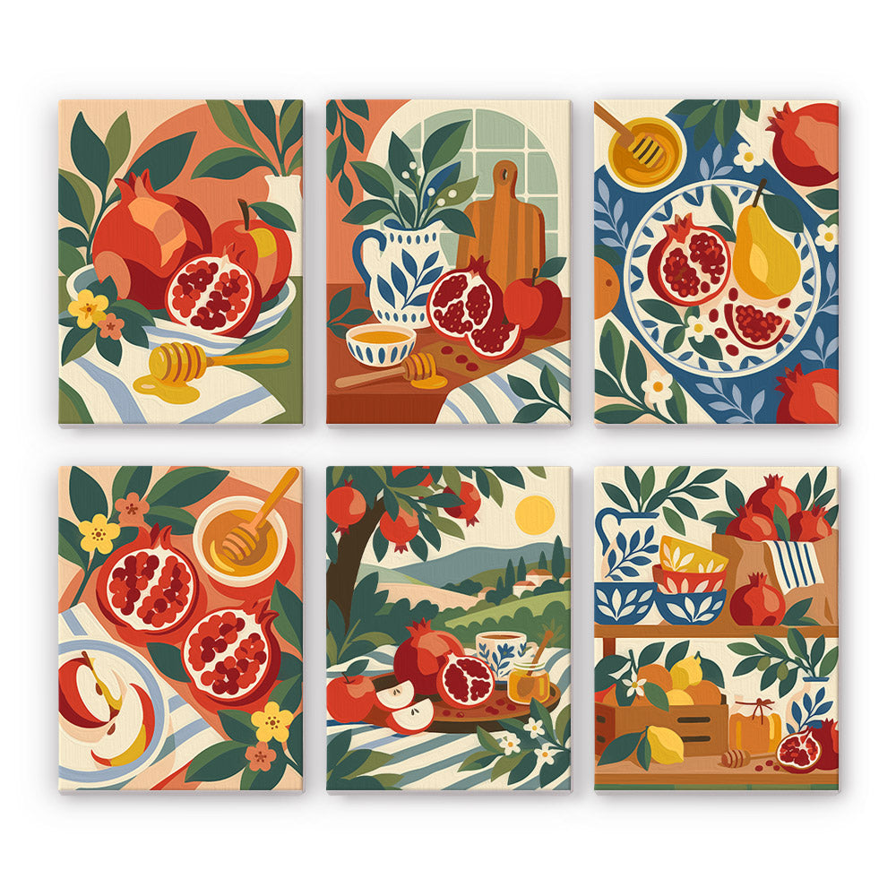 Pomegranates and Honey Jars mini paint by numbers – Six pomegranate prints with honey jars, a jug, blue patterned plates, an orchard tree and fruit crates