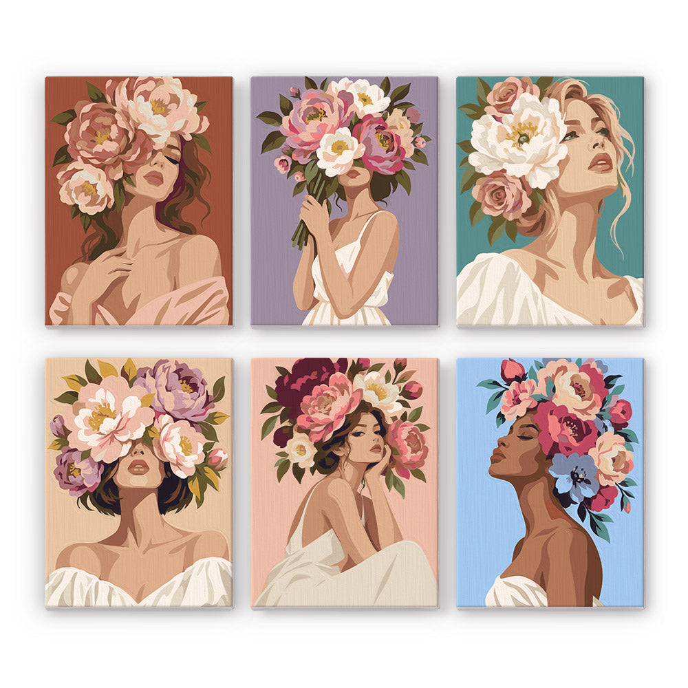Peony-Crowned Dreamers mini paint by numbers – Six women with faces half-hidden by crowns of pink and cream peonies, in soft off-shoulder dresses