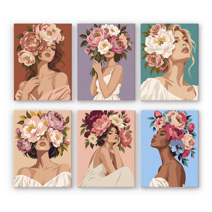 Peony-Crowned Dreamers mini paint by numbers – Six women with faces half-hidden by crowns of pink and cream peonies, in soft off-shoulder dresses