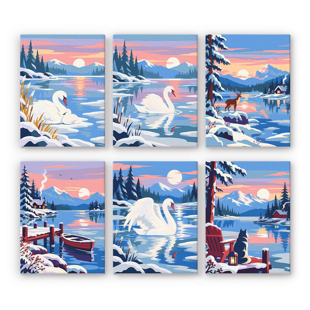Pink Dusk Swans on Icy Water mini paint by numbers – Six snowy lake scenes at pink dusk: white swans, pines, a deer, a cabin, a rowboat by a dock and a cat on a chair