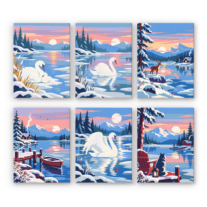 Pink Dusk Swans on Icy Water mini paint by numbers – Six snowy lake scenes at pink dusk: white swans, pines, a deer, a cabin, a rowboat by a dock and a cat on a chair