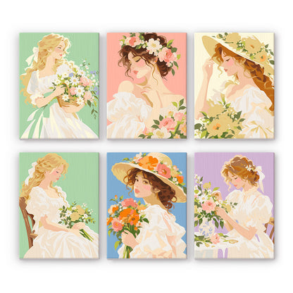 Ruffled Gowns and Garden Posies mini paint by numbers – Six romantic women in white ruffled gowns and sunhats holding garden bouquets on pastel backgrounds