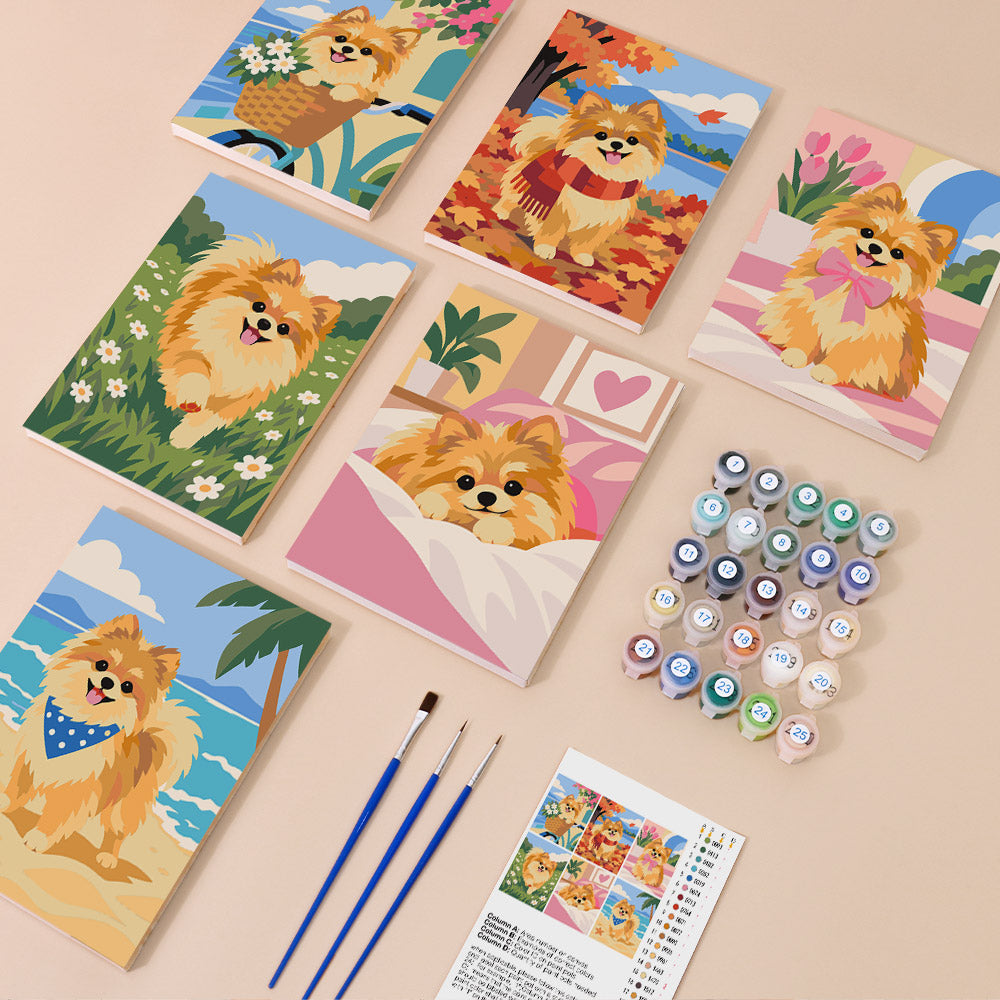 Fluffy Pomeranian Seasons mini paint by numbers – image 1
