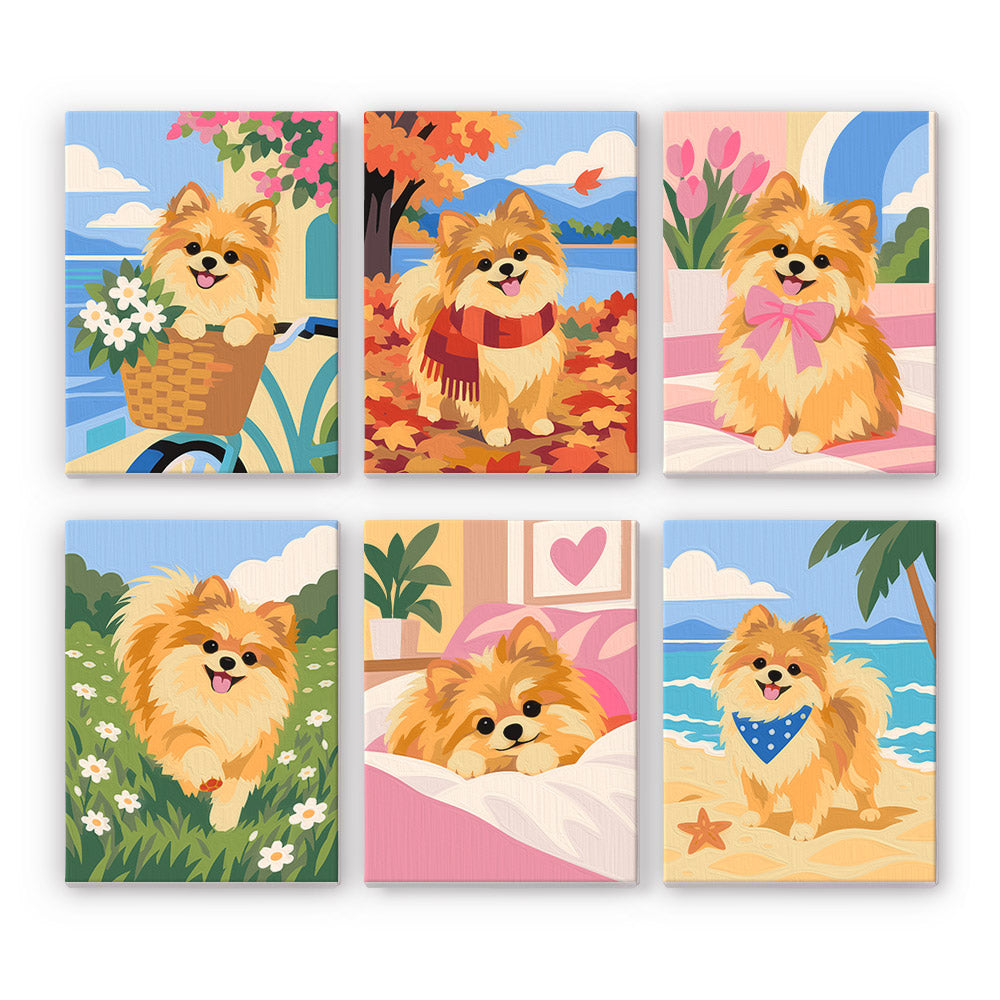 Fluffy Pomeranian Seasons mini paint by numbers – A fluffy Pomeranian in a bike basket, autumn leaves, tulips, a meadow, a pink bed and at the beach