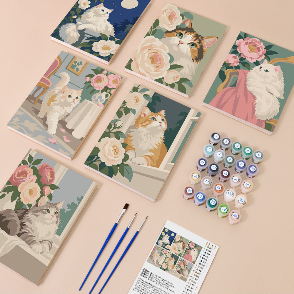 Fluffy Cats Among Cream Roses mini paint by numbers – image 1