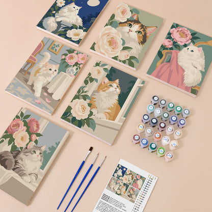 Fluffy Cats Among Cream Roses mini paint by numbers – image 1