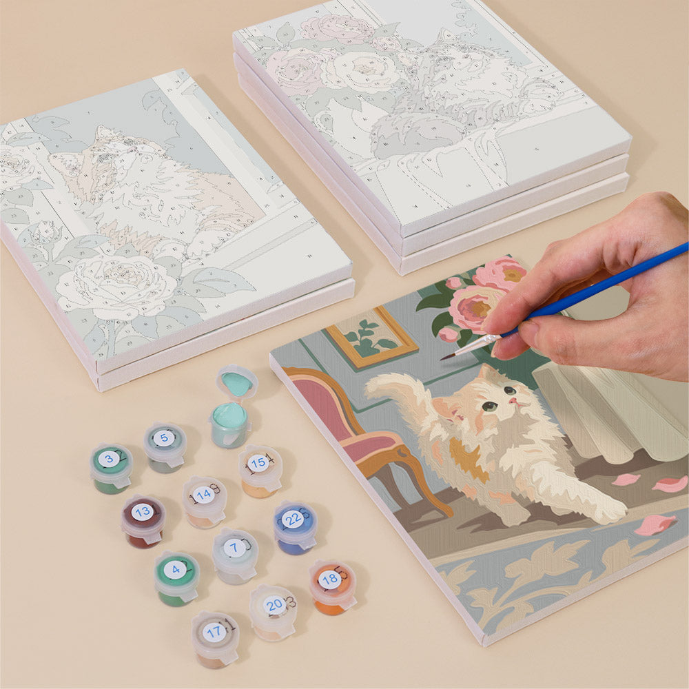 Fluffy Cats Among Cream Roses mini paint by numbers – image 4