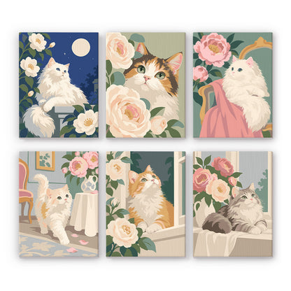 Fluffy Cats Among Cream Roses mini paint by numbers – Six fluffy cats among cream and pink roses: a white cat under the moon, a calico, kittens and a ginger cat at a window