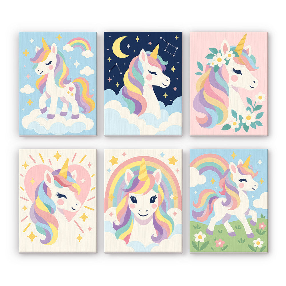 Flower-Crowned Rainbow Unicorns mini paint by numbers – Six pastel rainbow unicorns on clouds, under stars, with flower crowns, in a heart and prancing in a meadow