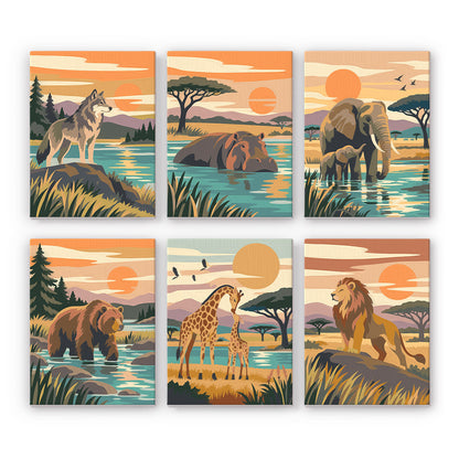 Wolf, Bear and Lion at Sunset mini paint by numbers – Six peach-sky wildlife scenes: a wolf, a hippo, elephants, a bear in a river, giraffes and a lion by the water