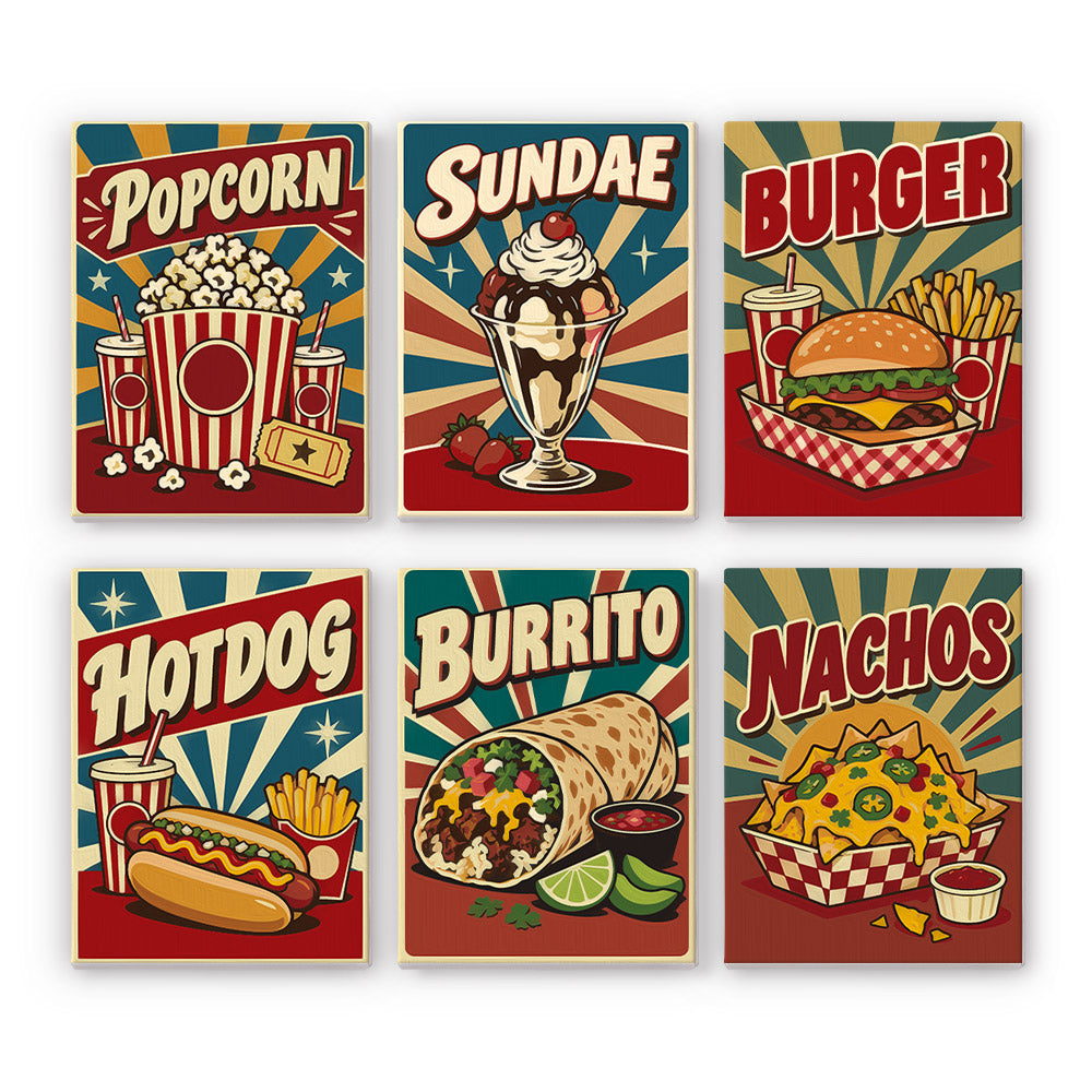 Popcorn, Burgers and Nachos mini paint by numbers – Six retro diner posters with sunbursts: popcorn, a sundae, a burger, a hot dog, a burrito and nachos