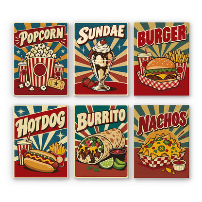 Popcorn, Burgers and Nachos mini paint by numbers – Six retro diner posters with sunbursts: popcorn, a sundae, a burger, a hot dog, a burrito and nachos