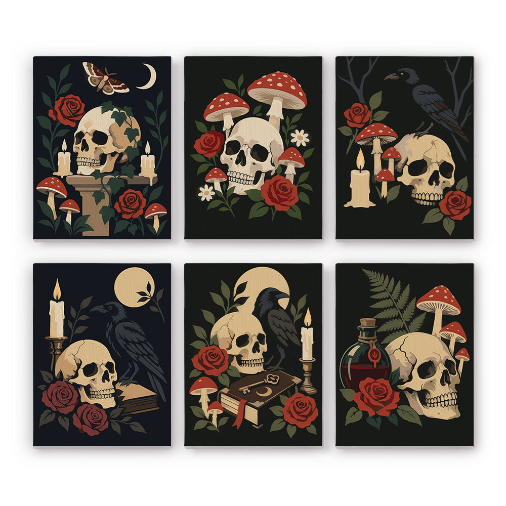 Skulls, Ravens and Toadstools mini paint by numbers – Six dark gothic prints of skulls with red roses, red toadstools, candles, a raven, a moth and a potion bottle