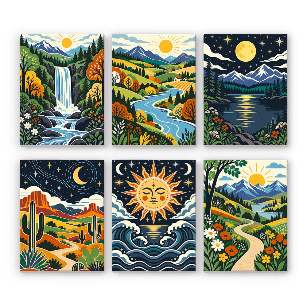 Sun Face Over Folk Valleys mini paint by numbers – Six folk-art landscapes: a waterfall, a river valley, a starry lake, desert cacti, a sun face over waves and a path