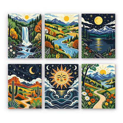Sun Face Over Folk Valleys mini paint by numbers – Six folk-art landscapes: a waterfall, a river valley, a starry lake, desert cacti, a sun face over waves and a path